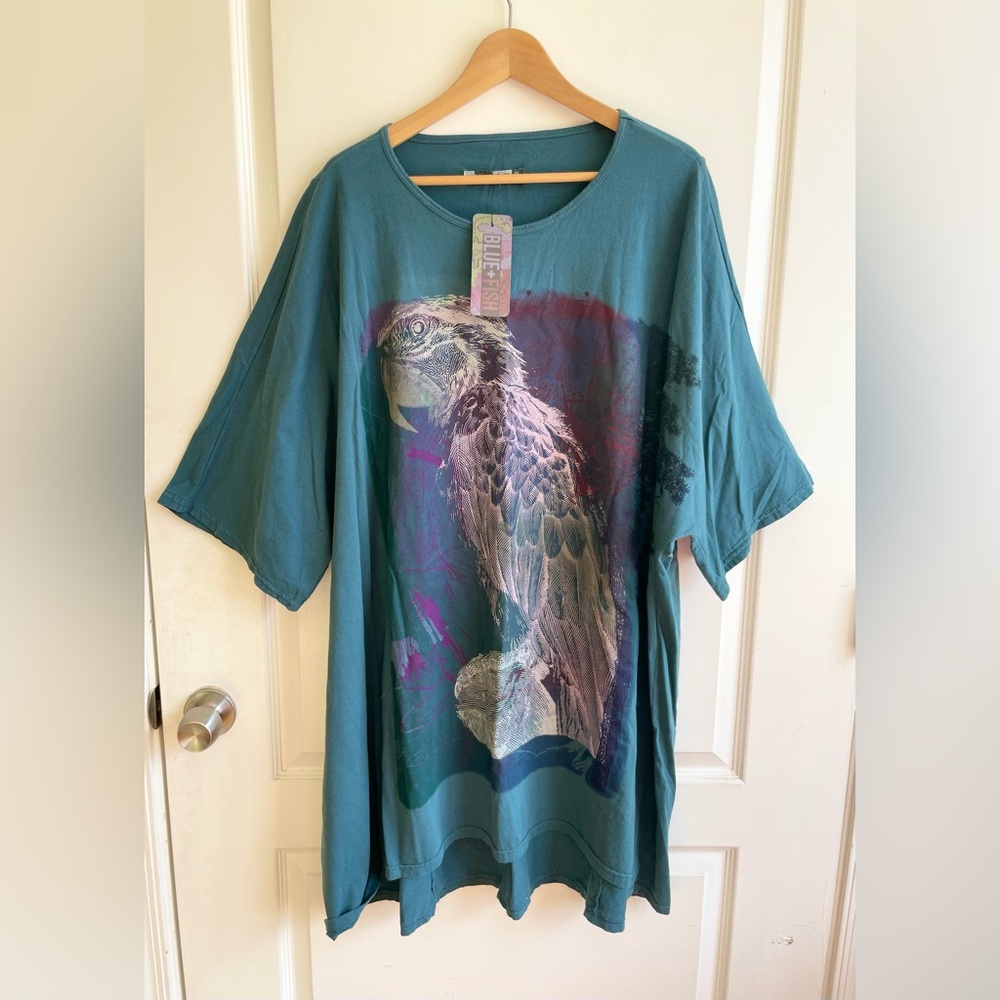Blue Fish Tunic Macaw Bird Hand Printed OS 100% Organic Cotton Art To Wear NEW